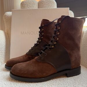Manolo Blahnik Brown Suede and Dark Brown Leather Lace-Up Boots